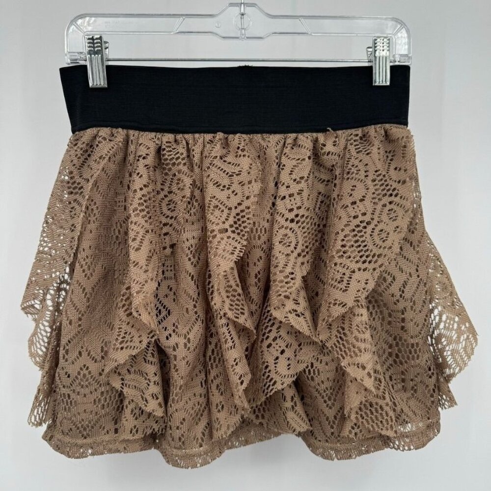 brown ruffle lace mini pull-on skirt size Large western cottagecore boho